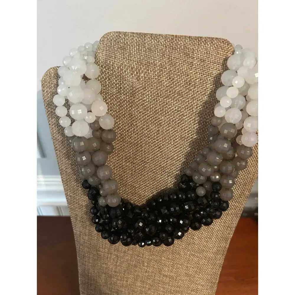 Multi Strand Ombre Bead Necklace Black Gray White Gradient Statement 18 Inch